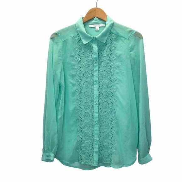 LC Lauren Conrad Tops - LC Lauren Conrad Button Up Blouse Eyelet Women Size Small Green Long Sleeve